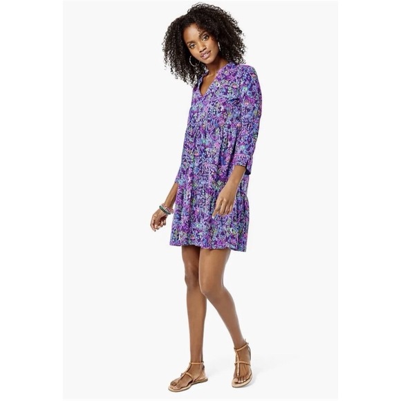 Lilly Pulitzer Alaina Dress Size L Colony Purple Berry Tiered Long Sleeve Preppy - Picture 2 of 16